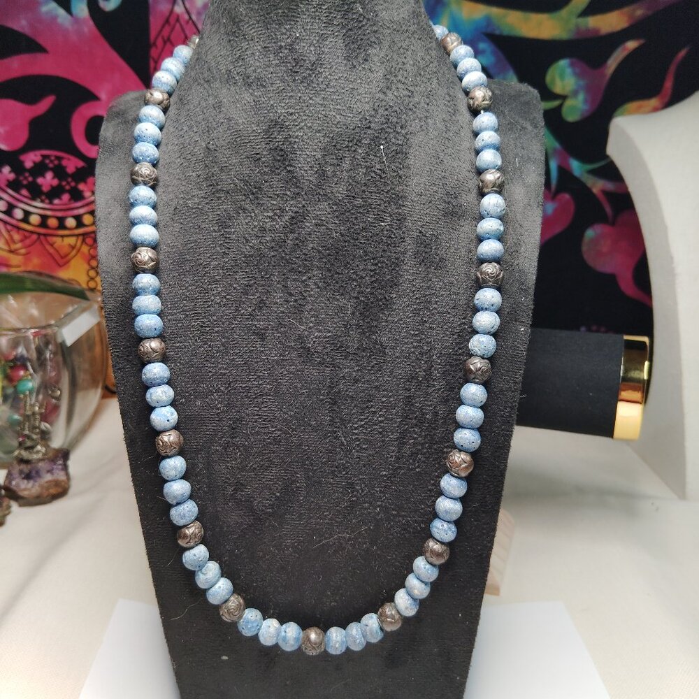 Blue Dyed Coral Necklace 21" Barrel Clasp Antiqued Metal Beads Boho Vintage